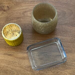 Like new. Candle holders and a heavy glass soap holder